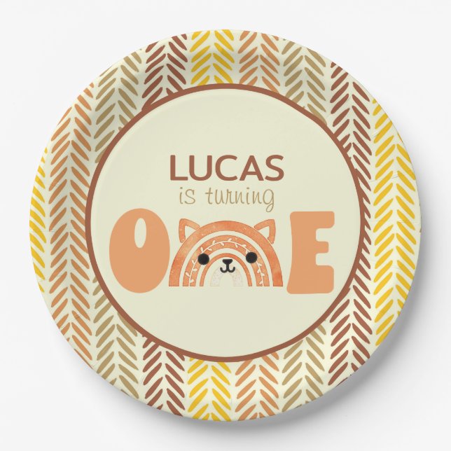 Woodland Boho Rainbow Fox Erster Geburtstag Pappteller (Vorderseite)