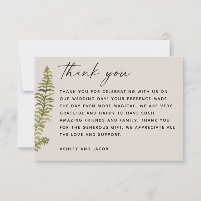 Woodland Botanical Wedding | Elegant Forest Fern Dankeskarte (Vorderseite)