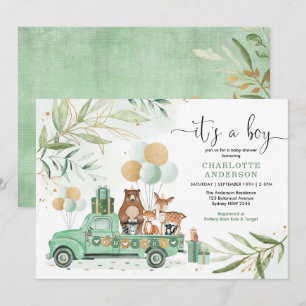 Woodland Boy Baby Dusche Aquarell Grüne Gold Einladung