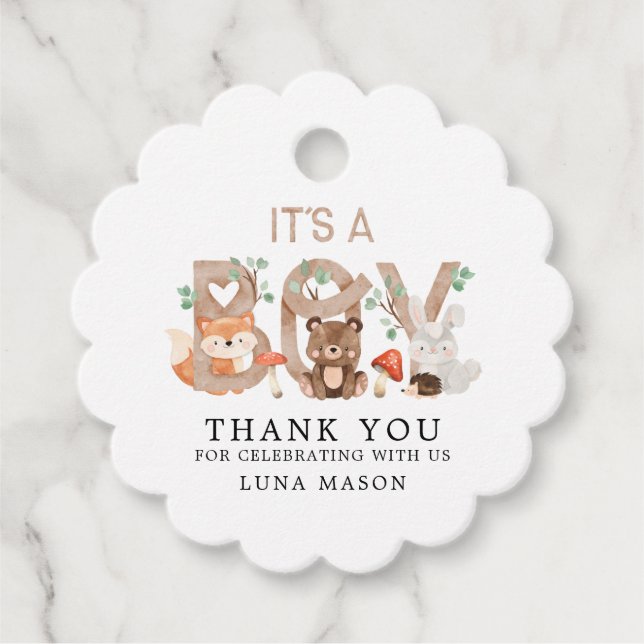 Woodland Boy Baby Dusche Geschenkanhänger (Vorderseite)
