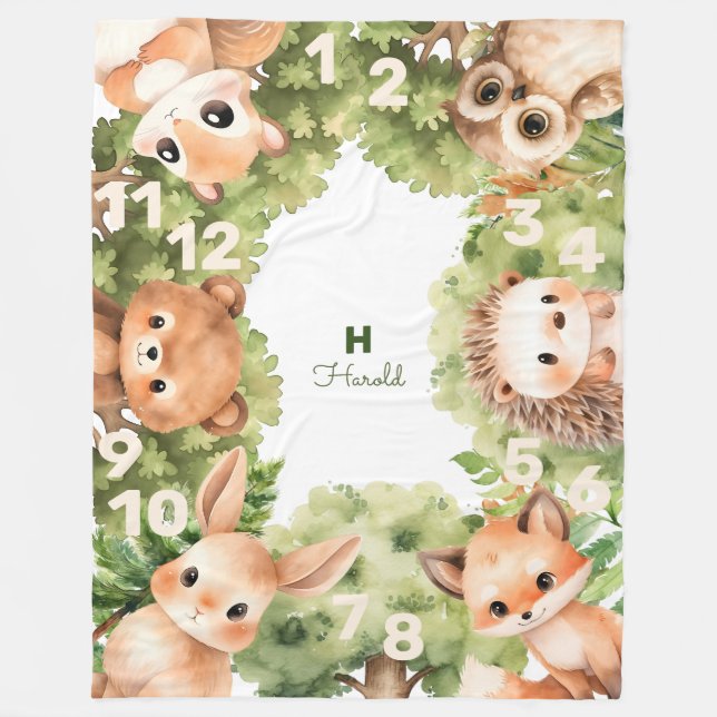Woodland Boy Baby Dusche Milestone Fleecedecke (Vorderseite)