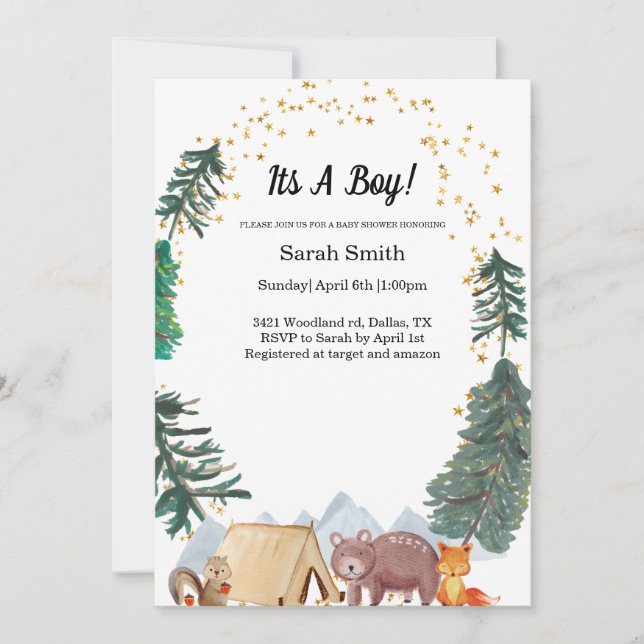 Woodland Boy Baby Shower Einladung (Vorderseite)