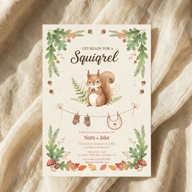 Woodland budget Squirrel Greenery baby shower Einladung (Von Creator hochgeladen)