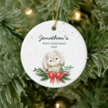Woodland Bunny Baby's First Christmas Keramik Ornament<br><div class="desc">Woodland Bunny Baby's First Christmas Keramik Ornament</div>