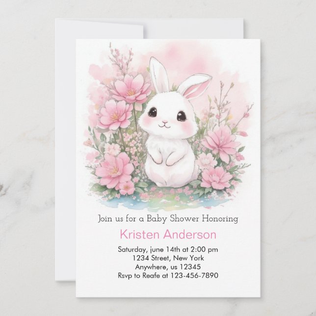 Woodland Bunny Blissful Pink Girl Baby Dusche Einladung (Vorderseite)