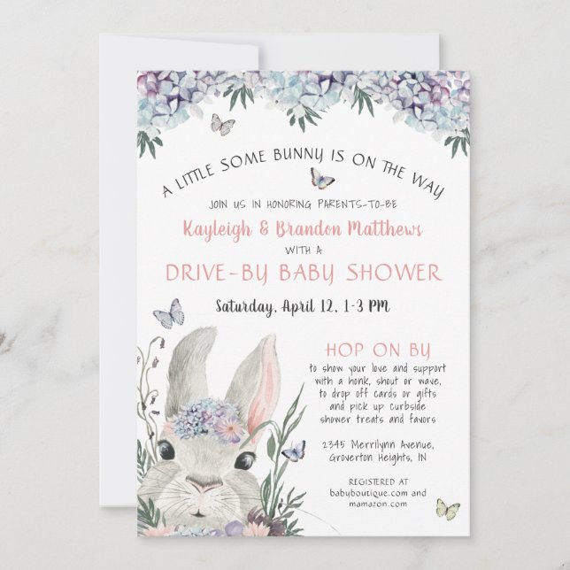 Woodland Bunny Floral Pink Drive by Baby Shoounter Einladung (Vorderseite)