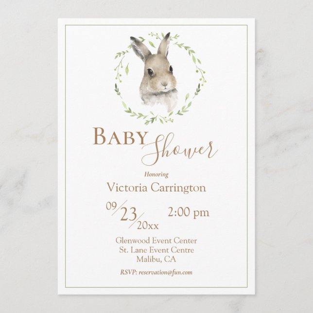 Woodland Bunny Greenerenery Babydusche Einladung (Vorderseite)