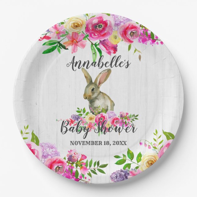 Woodland Bunny Rabbit Wasserfarbe Blumenbaby Showe Pappteller (Vorderseite)
