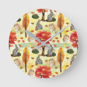 Woodland Bunny Rabbit Wasserfarbe Runde Wanduhr