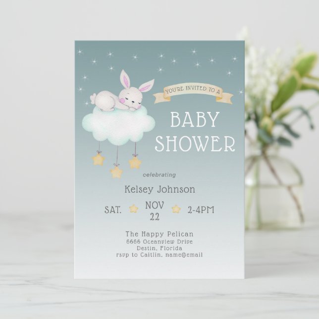 Woodland Bunny Stars Kinderdusche Einladung (Stehend Vorderseite)