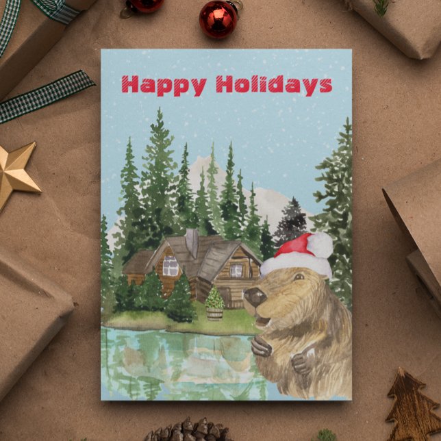 Woodland Cabin Lake Christmas Beaver Watercolor Postkarte (Von Creator hochgeladen)