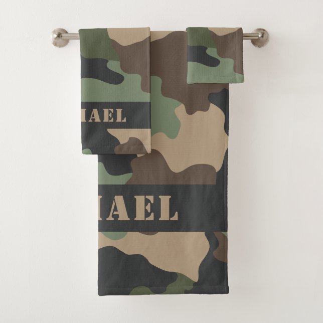 Woodland Camouflage Camouflage Khaki Tan Black Mon Badhandtuch Set (Insitu)