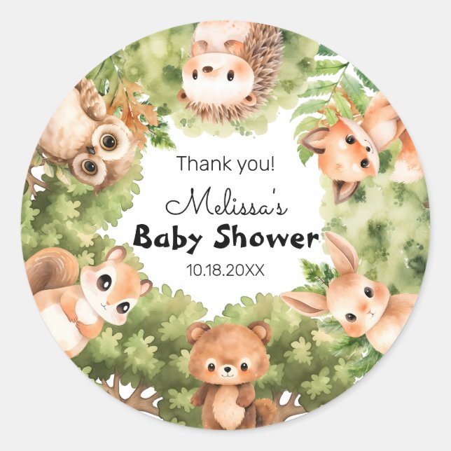 Woodland Charming Friends Kinderdusche Danke Runder Aufkleber (Vorderseite)