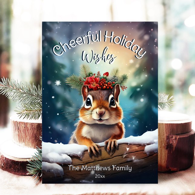 Woodland Chipmunk Frohe Weihnachten Rustikaler Wal (Adorable Winter Snowy Scene With Peeking Dogs or Farm/Woodland Animals - Over 50 to Choose From!)