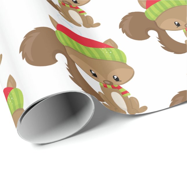 Woodland Christmas Holiday squirrel party wrap Geschenkpapier (Rolleneckpunkt)