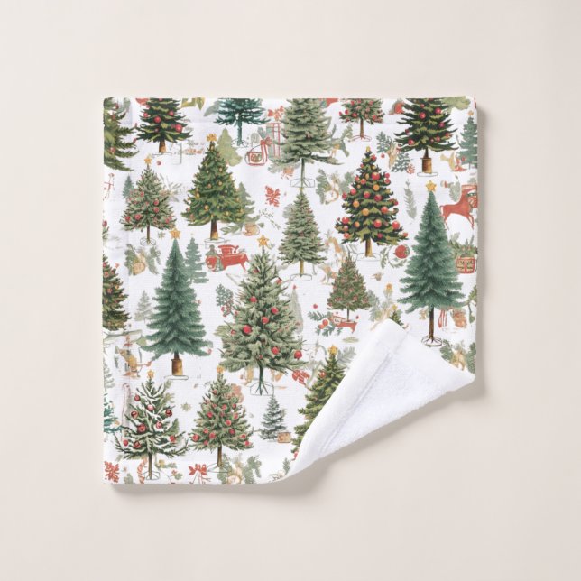 Woodland Christmas Trees,Forest Design Badhandtuch Set (Waschlappen)