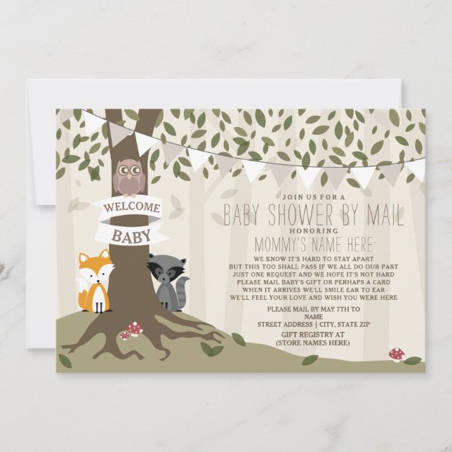 Woodland Creature Social Distance Baby Dusche Einladung (Vorderseite)