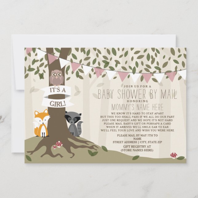 Woodland Creature Social Distance Pink Baby Shower Einladung (Vorderseite)