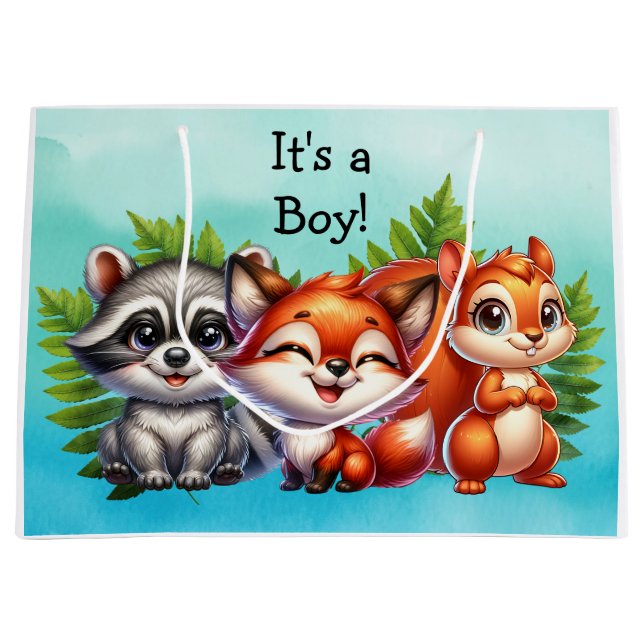 Woodland Creatures Boy's Baby Shower Große Geschenktüte (Vorderseite)