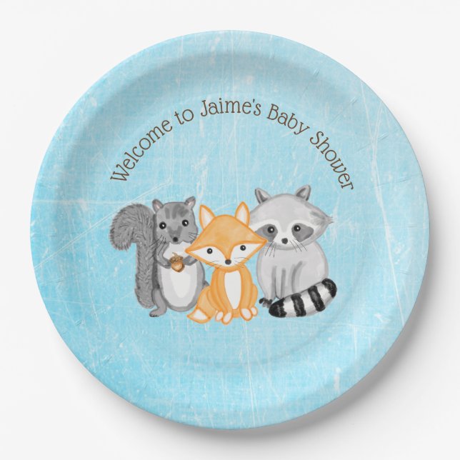 Woodland Creatures Boy's Baby Shower Pappteller (Vorderseite)