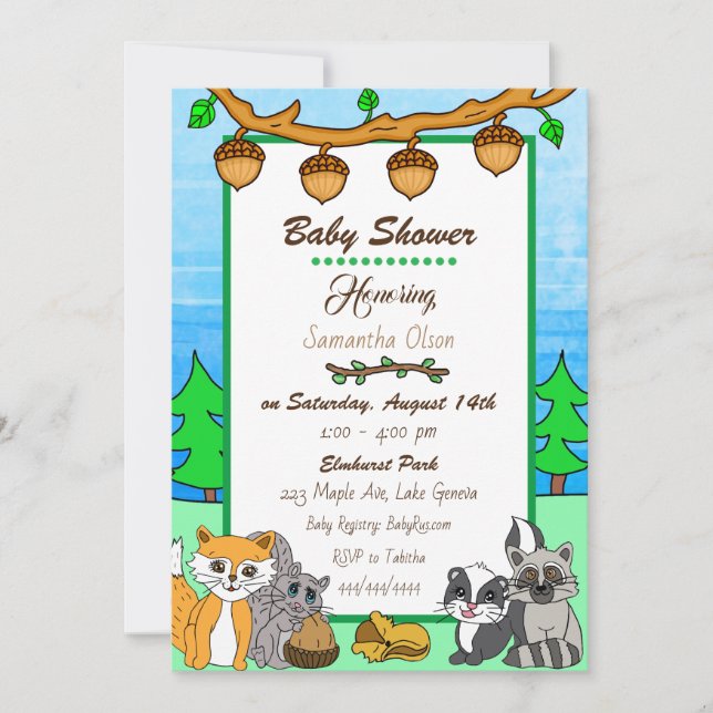 Woodland Creatures Forest Animals Baby Shower Einladung (Vorderseite)