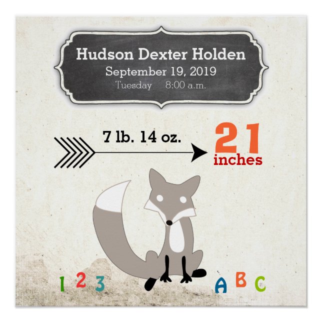 Woodland Creatures Fox Baby Stats Keepake halten Poster (Vorderseite)