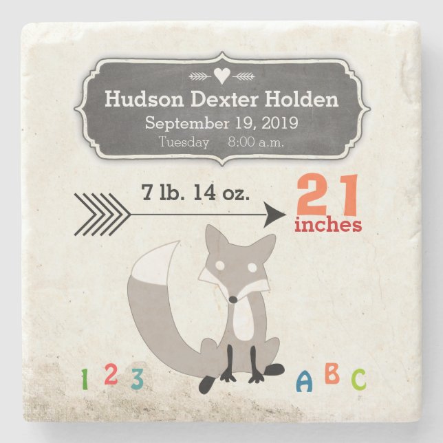 Woodland Creatures Fox Baby Stats Keepake halten Steinuntersetzer (Vorderseite)