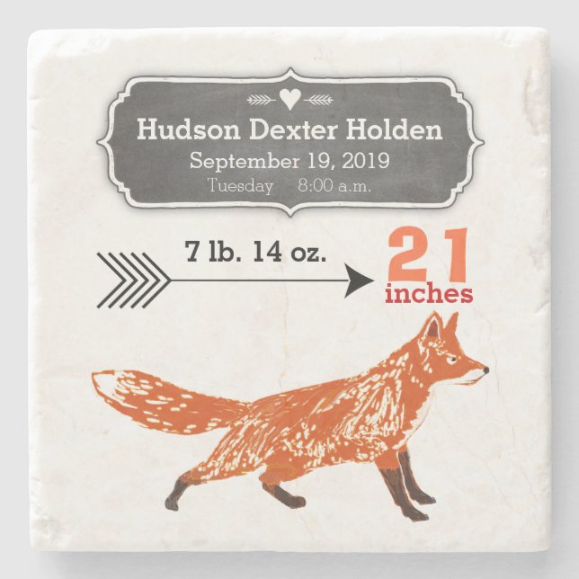 Woodland Creatures Fox Baby Stats Keepake halten Steinuntersetzer (Vorderseite)