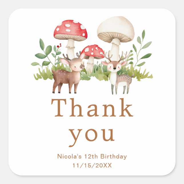 Woodland Dee Birthday Party Quadratischer Aufkleber (Vorderseite)