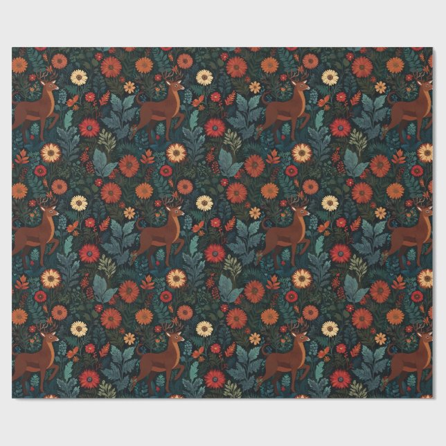 Woodland Deer and Flowers Holiday Gift Wrap Geschenkpapier (Flach)