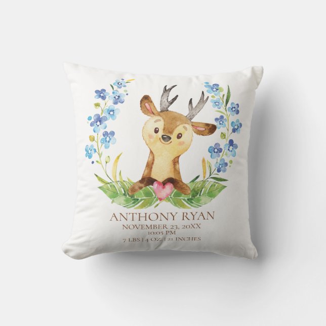 Woodland Deer Baby Birth Stats Pillow Kissen (Vorderseite)