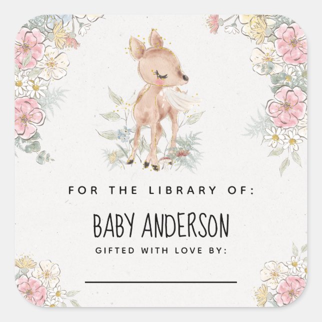 Woodland Deer Baby Dusche Buchzeichen Quadratischer Aufkleber (Vorderseite)