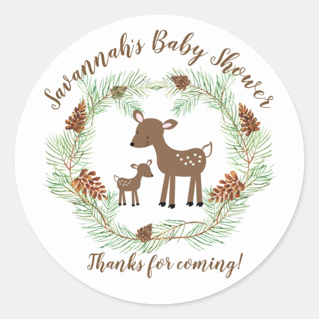 Woodland Deer Baby Dusche Pflegeaufkleber Runder Aufkleber (Vorderseite)