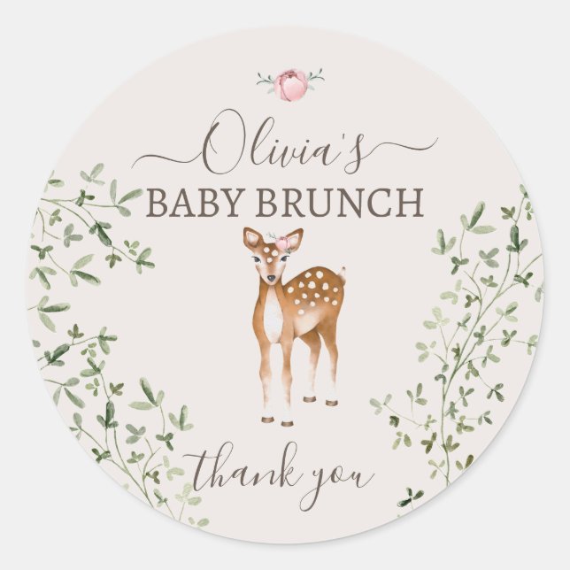 Woodland Deer Baby Dusche Runder Aufkleber (Vorderseite)