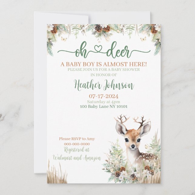 Woodland Deer Baby Shower Boy Einladung (Vorderseite)