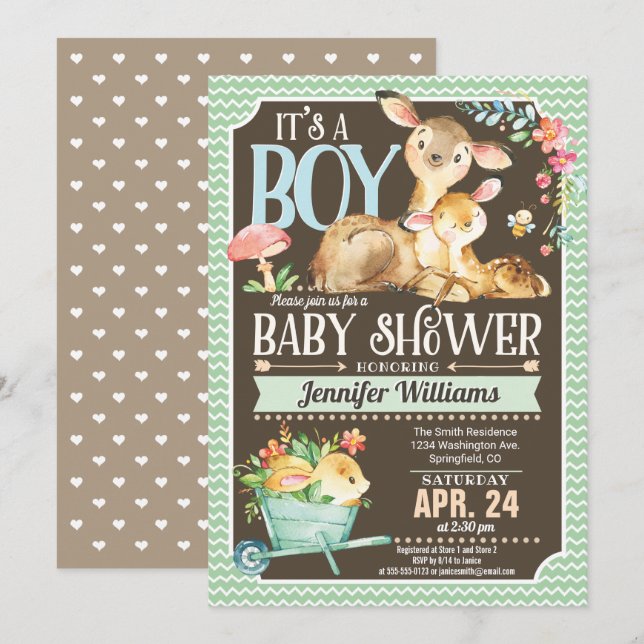 Woodland Deer Baby Shower Einladung Junge (Vorne/Hinten)