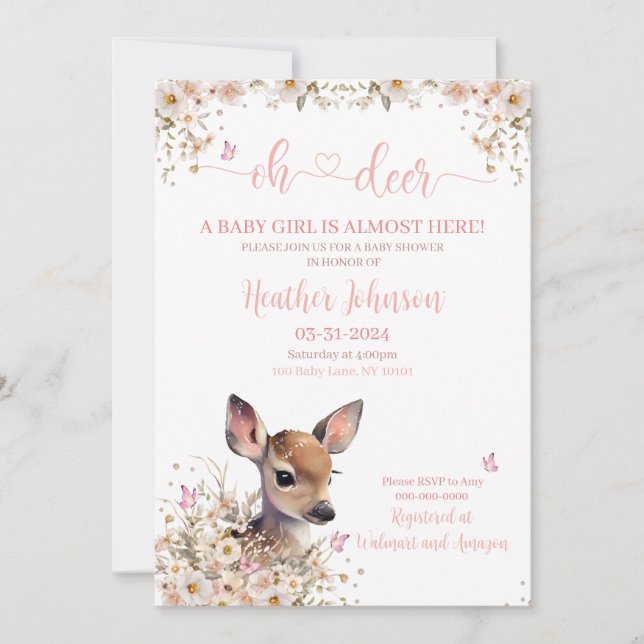 Woodland Deer Baby Shower Girl Einladung (Vorderseite)