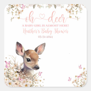 Woodland Deer Baby Shower Girl Quadratischer Aufkleber