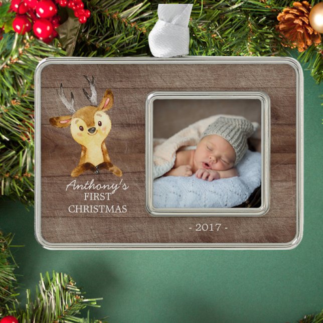Woodland Deer Baby's 1. Weihnachts-Foto Ornament Rahmen-Ornament Silber (Von Creator hochgeladen)