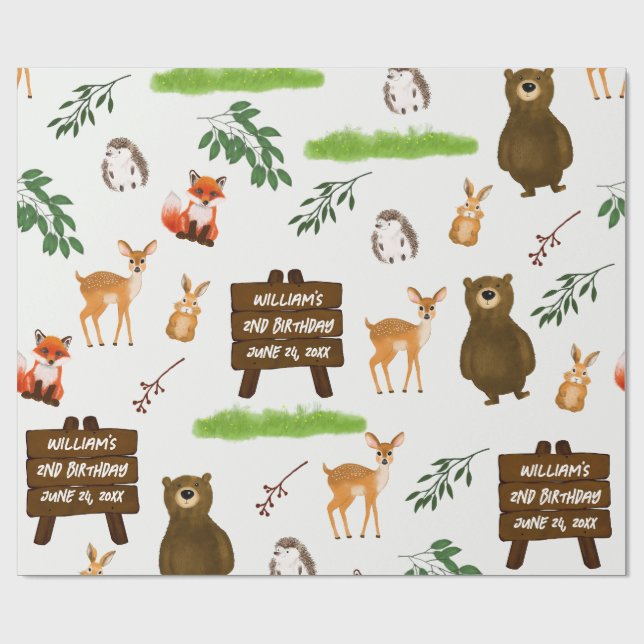 Woodland Deer Bear Rabbit Fox Hedgehog Birthday Geschenkpapier (Flach)