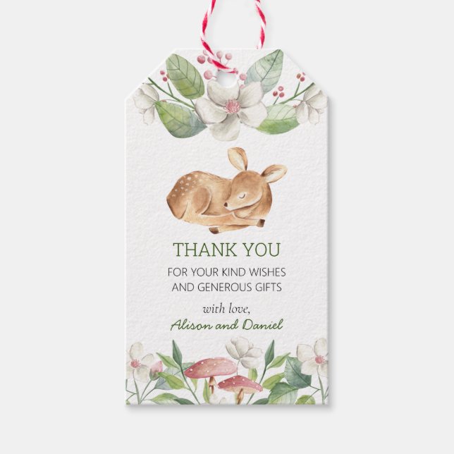 Woodland Deer Blumengrün Baby Duwer Gefallen Geschenkanhänger (Vorderseite)