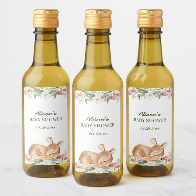 Woodland Deer Blumengrün Baby Shower Mini Weinetikett (Flaschen)