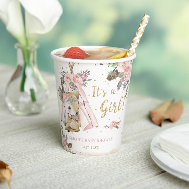 Woodland Deer Boho Tribal Girl Baby Dusche Pappbecher (In Situ)