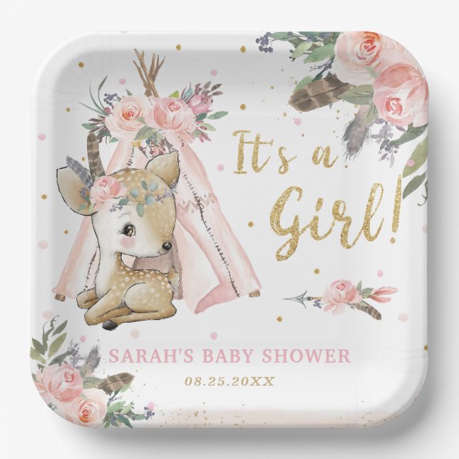 Woodland Deer Boho Tribal Girl Baby Dusche Pappteller (Vorderseite)