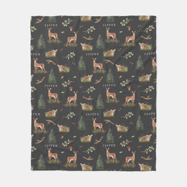 Woodland Deer Fawn Pattern Baby Green Baby Name Fleecedecke (Vorderseite)