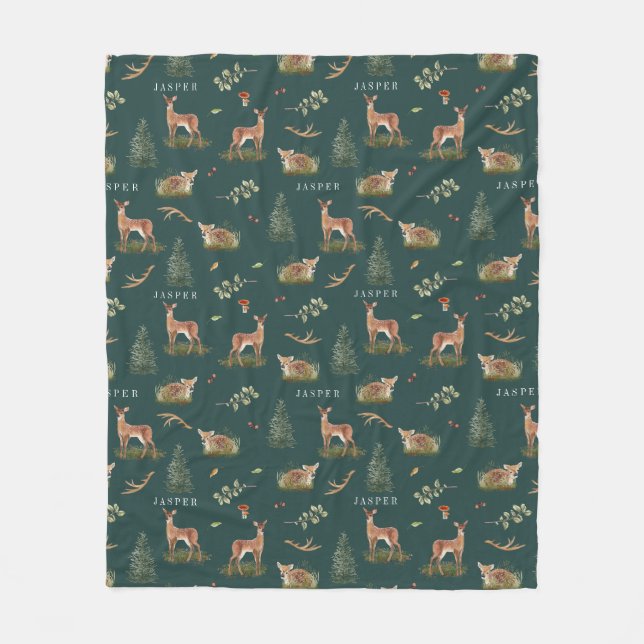 Woodland Deer Fawn Pattern Baby Green Baby Name Fleecedecke (Vorderseite)