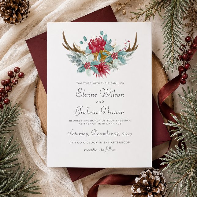 Woodland Deer Floral Antler Winter Wedding Einladung (Woodland Deer Floral Antler Winter Wedding Invitation)