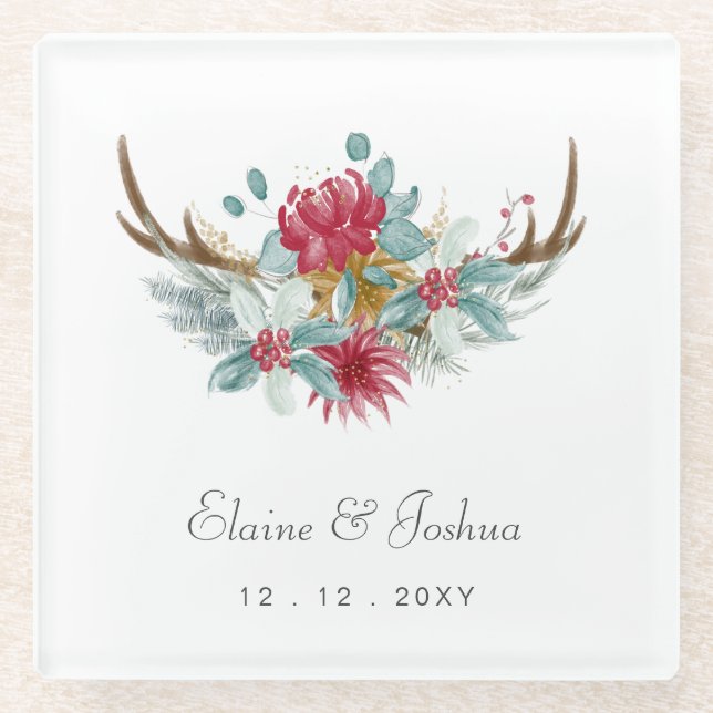 Woodland Deer Floral Antler Winter Wedding Glasuntersetzer (Vorderseite)