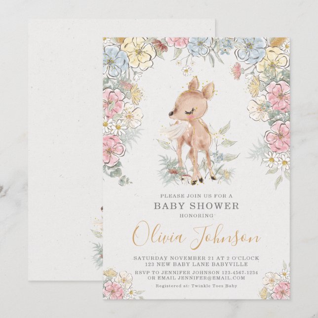 Woodland Deer Floral Baby Dusche Einladung (Vorne/Hinten)