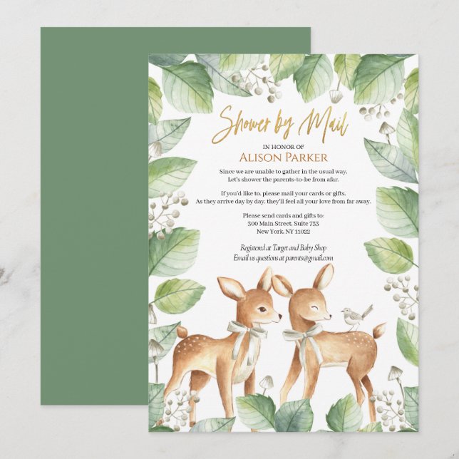 Woodland Deer Floral Greenerenery Baby Shower by M Einladung (Vorne/Hinten)
